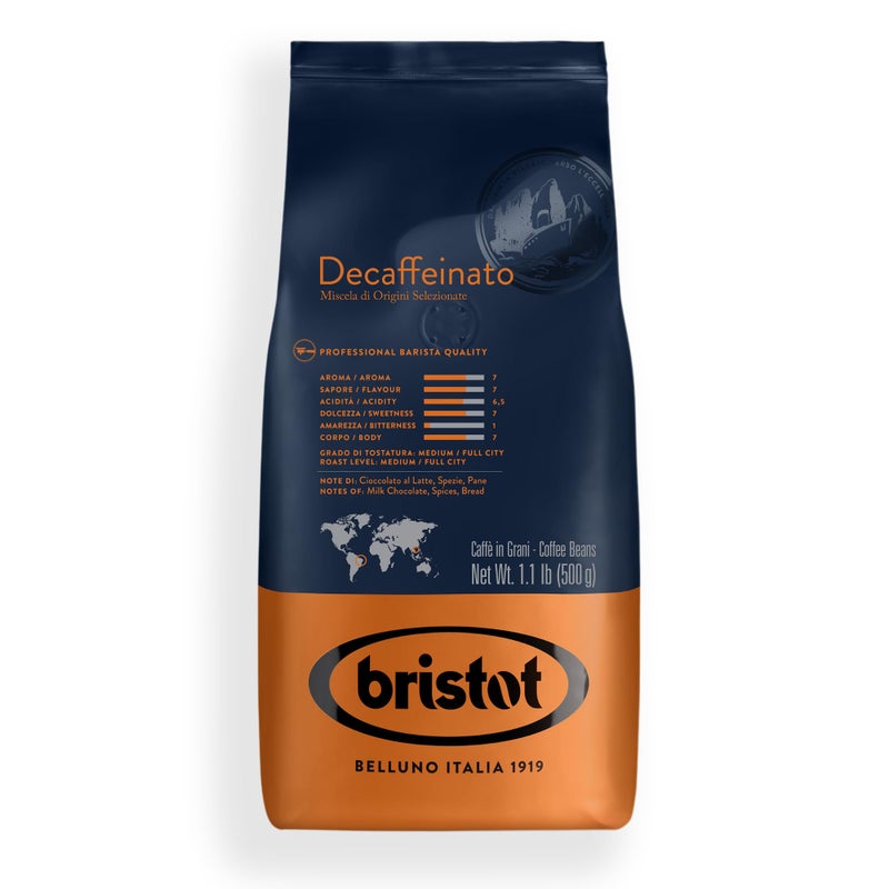 Bristot Decaf Italian Coffee Beans â€“ Medium Roast Whole Espresso Beans â€“ Smooth & Rich Flavor â€“ 1.1 lb (500g) Bag â€“ Roasted in Italy - Image 1